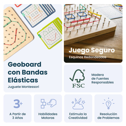 Geoboard de Madera con Gomas Elásticas - Juguete Educativo Montessori, a Partir de 3 Años