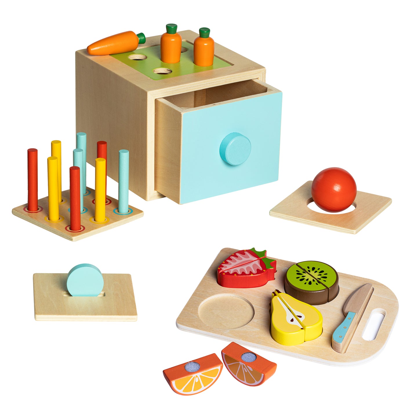 Pack Educativo a Partir de 1 Año - Cubo Actividades 4 en 1 + Set de Frutas para Cortar de Madera