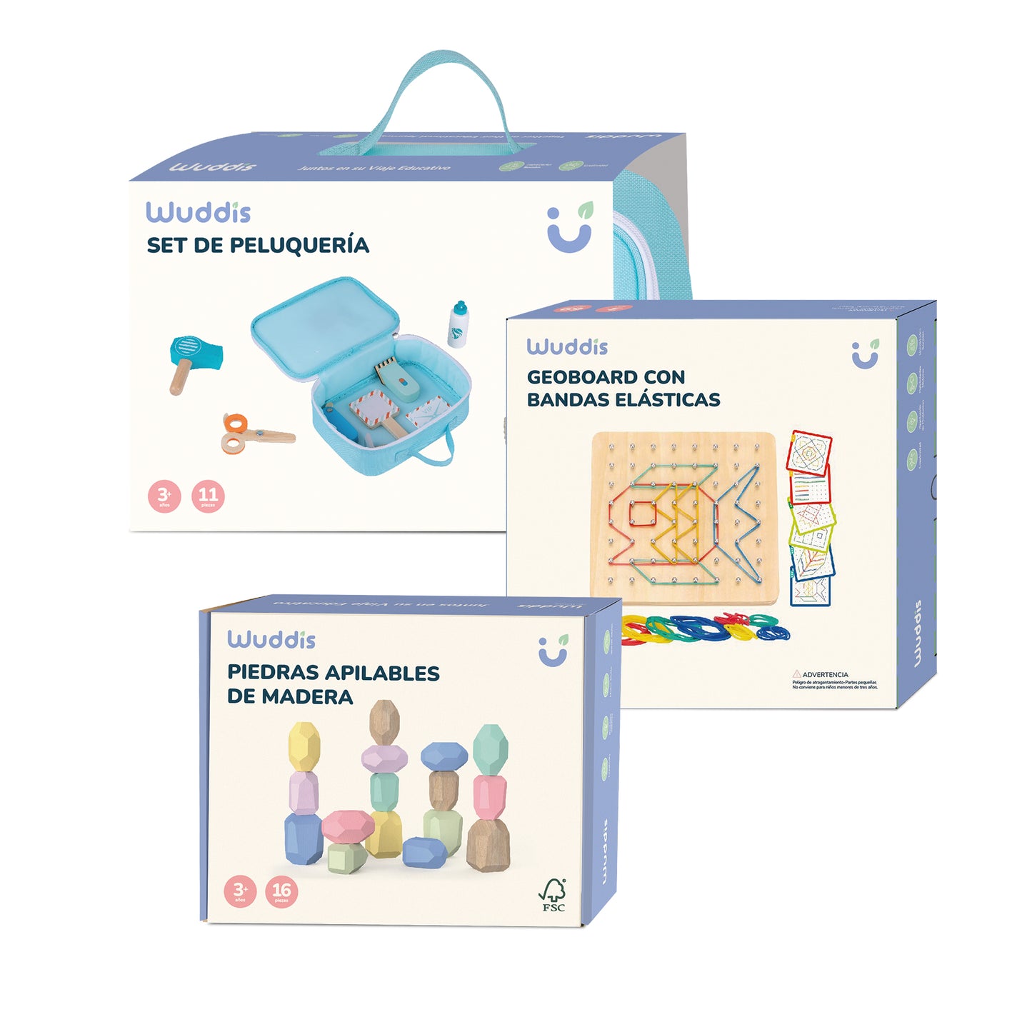 Pack Educativo a partir de 3 Años - Set Peluquería de Madera + Geoboard de Madera + Piedras Apilables de Madera