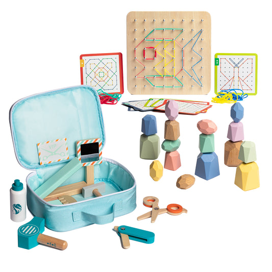 Pack Educativo a partir de 3 Años - Set Peluquería de Madera + Geoboard de Madera + Piedras Apilables de Madera