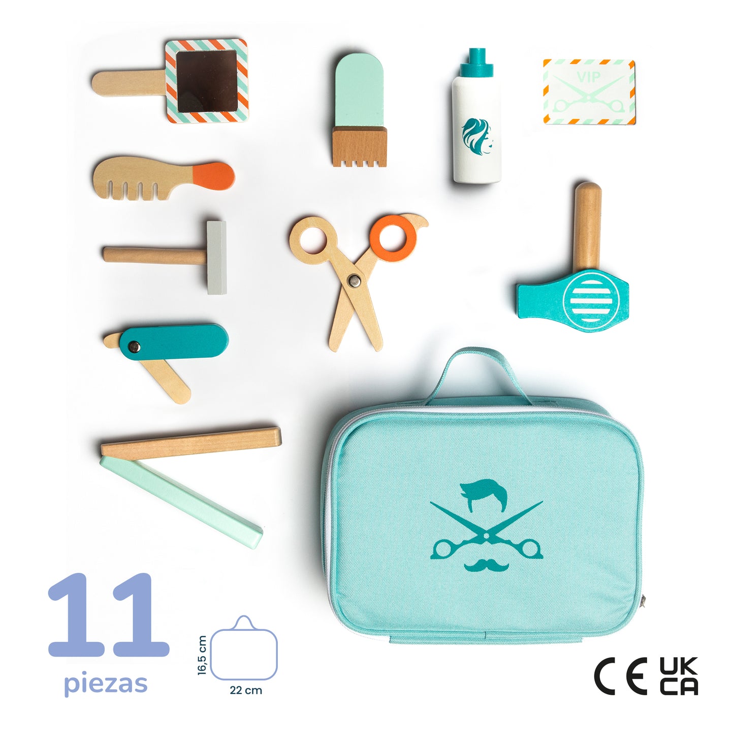 Pack Educativo a partir de 3 Años - Set Peluquería de Madera + Geoboard de Madera + Piedras Apilables de Madera