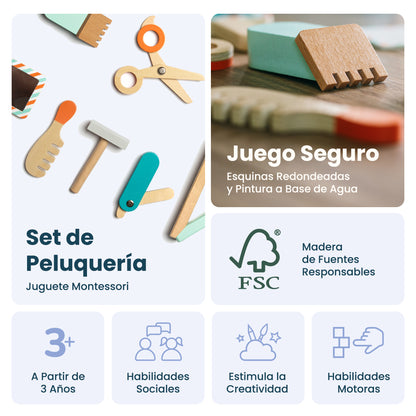 Pack Educativo a partir de 3 Años - Set Peluquería de Madera + Geoboard de Madera + Piedras Apilables de Madera